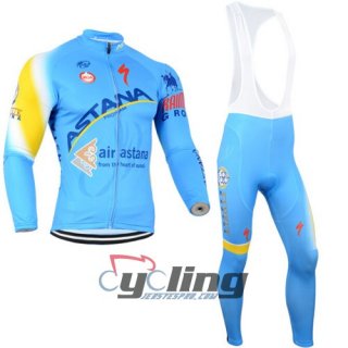 2014 Astana Long Sleeve Cycling Jersey and Bib Pants Kits Blue Yellow
