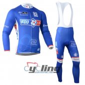 2014 Fdj Long Sleeve Cycling Jersey and Bib Pants Kits Blue